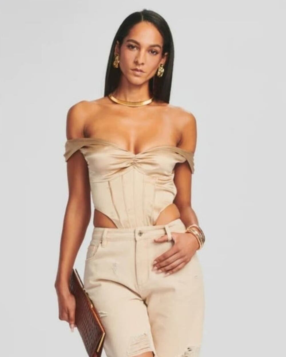 Retrofete Rozik Bodysuit in Nude Off the Shoulders Size Small NWT Satin Silk